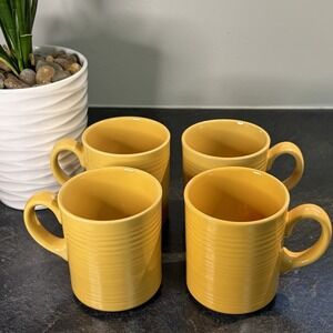 Vintage Pier 1 Marigold Yellow Ribbed Pottery Coffee Mug Japan 4 Cups EUC